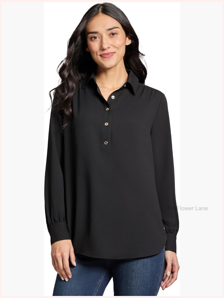 Long Sleeve Button Detail Tunic Top Blouse Popover